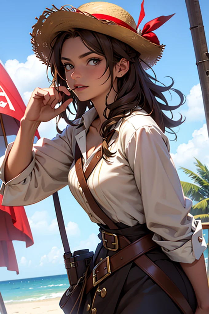 1 female, medium length brown hair, hazel eyes, wearing straw hat with red band with pirate outfit
