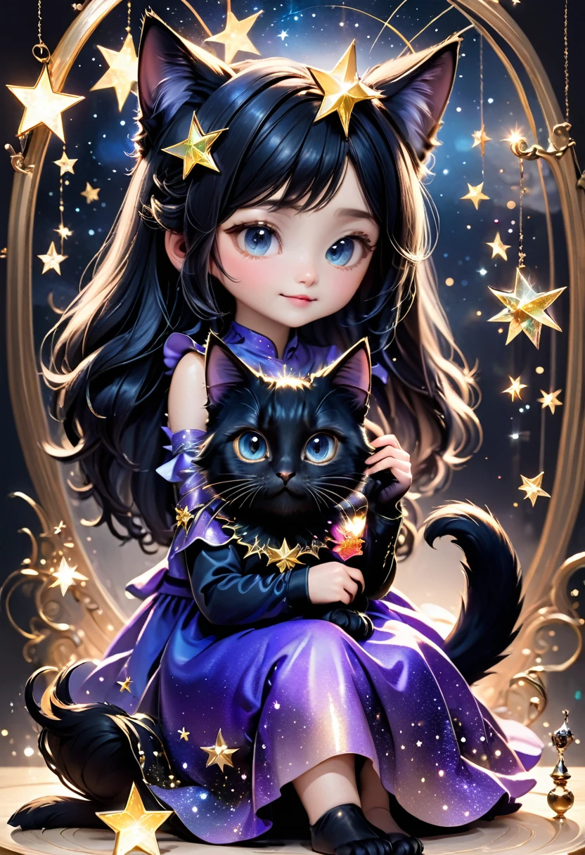 witch, Sitting elegantly and playing with a black kitten,Magic Background 、The background is a glittering star