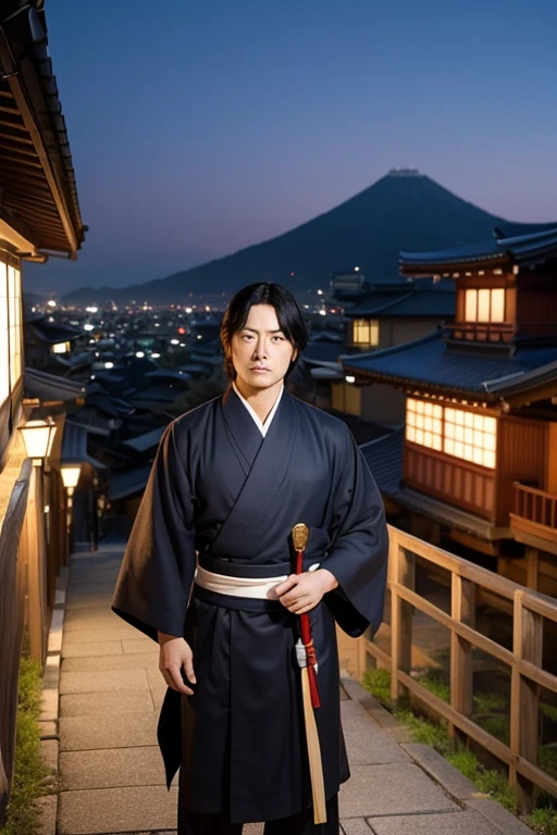 "Generate an image of Sakamoto Ryoma standing proudly on top of a hill, holding a katana with both hands in a ready stance. Ryoma is depicted with his distinctive features: his long, neatly tied-back black hair in a traditional chonmage style, wearing a dignified kimono adorned with a subtle yet elegant pattern, paired with hakama and haori. His expression is intense and focused, with a determined look in his eyes, conveying readiness and strength.
The background should feature a panoramic view from the hilltop, showcasing a blend of traditional Japanese architecture and modern elements. Lantern-lit streets and a bustling cityscape symbolize Japan's transition during the Meiji era, capturing the essence of progress and change. This scene reflects Ryoma's visionary spirit and his pivotal role in shaping Japan's modernization.
Please create two versions of the image: one in vibrant colors to emphasize the energy and dynamism of the scene, and another in sepia tone to evoke a nostalgic, historical atmosphere. Ensure that Ryoma's posture, expression, and the expansive view effectively convey his leadership and forward-looking spirit."