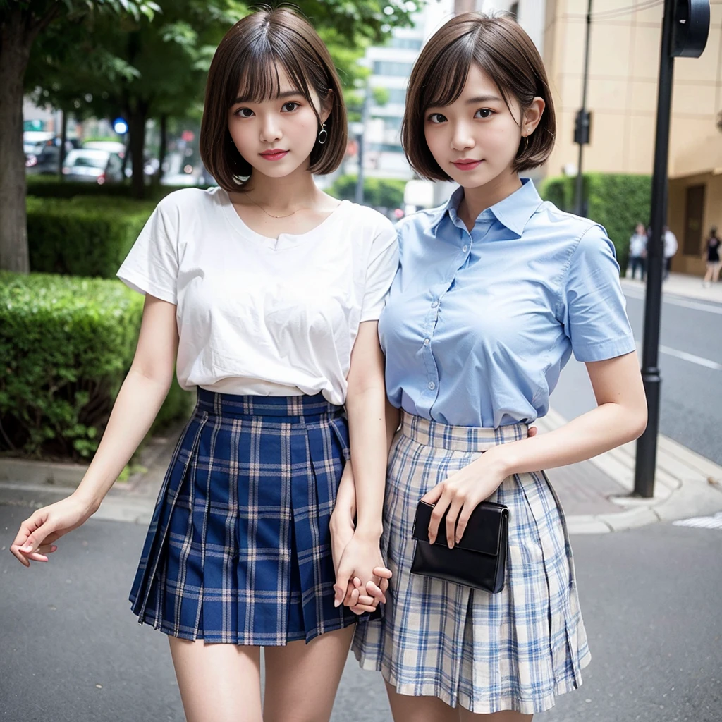 (Highest quality、8k、32K、masterpiece、Hmph:1.2)、(short hair)Cute Japanese Women Photos、(smile、blush:1.1)、Looking at the audience、(Skirts with beautiful details:1.2)、((Knee-length light blue checked skirt))、Leg details、(Huge breasts:1.3)、(Wind力上昇:1.4)、Whole Body Ezbian、Wind、city、outside of home、(holding the skirt in your hands:1.3)