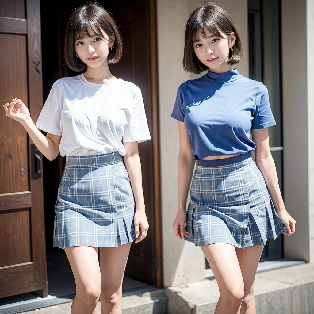 (Highest quality、8k、32K、masterpiece、Hmph:1.2)、(short hair)Cute Japanese Women Photos、(smile、blush:1.1)、Looking at the audience、(Skirts with beautiful details:1.2)、((Knee-length light blue checked skirt))、Leg details、(Huge breasts:1.3)、(Wind力上昇:1.4)、Whole Body Ezbian、Wind、city、outside of home、(holding the skirt in your hands:1.3)