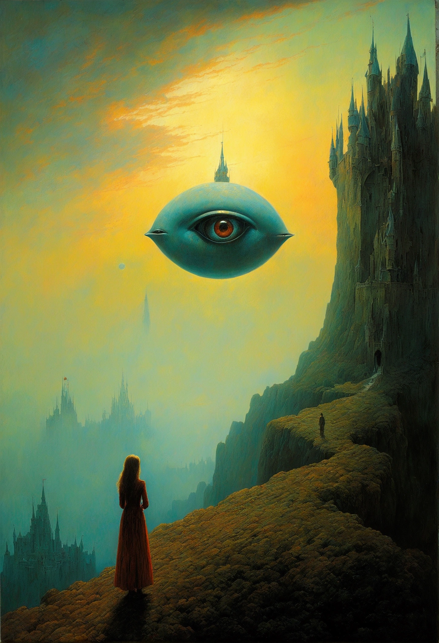 author:Zdzislaw Beksiński、Big Eye in the Sky、girl、Huge castle