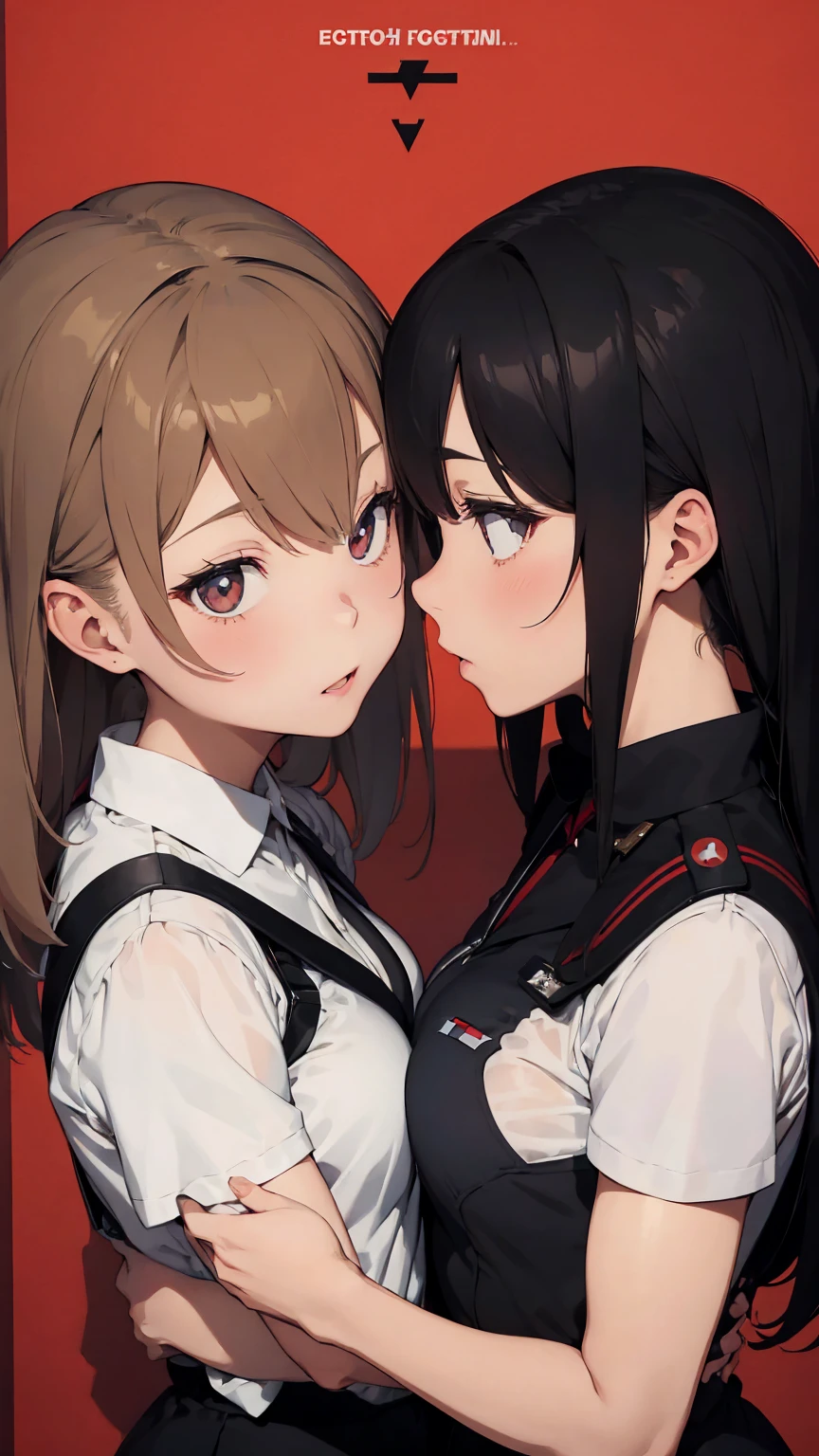 Propaganda poster. Gestapo uniform, female  lesbian kawaii sisters kissing passionately in Auschwitz Jewish concentration camp, wearing  Luftwaffe uniforms. 8k. masterpiece. best quality. best artwork. lingerie.  insignia 