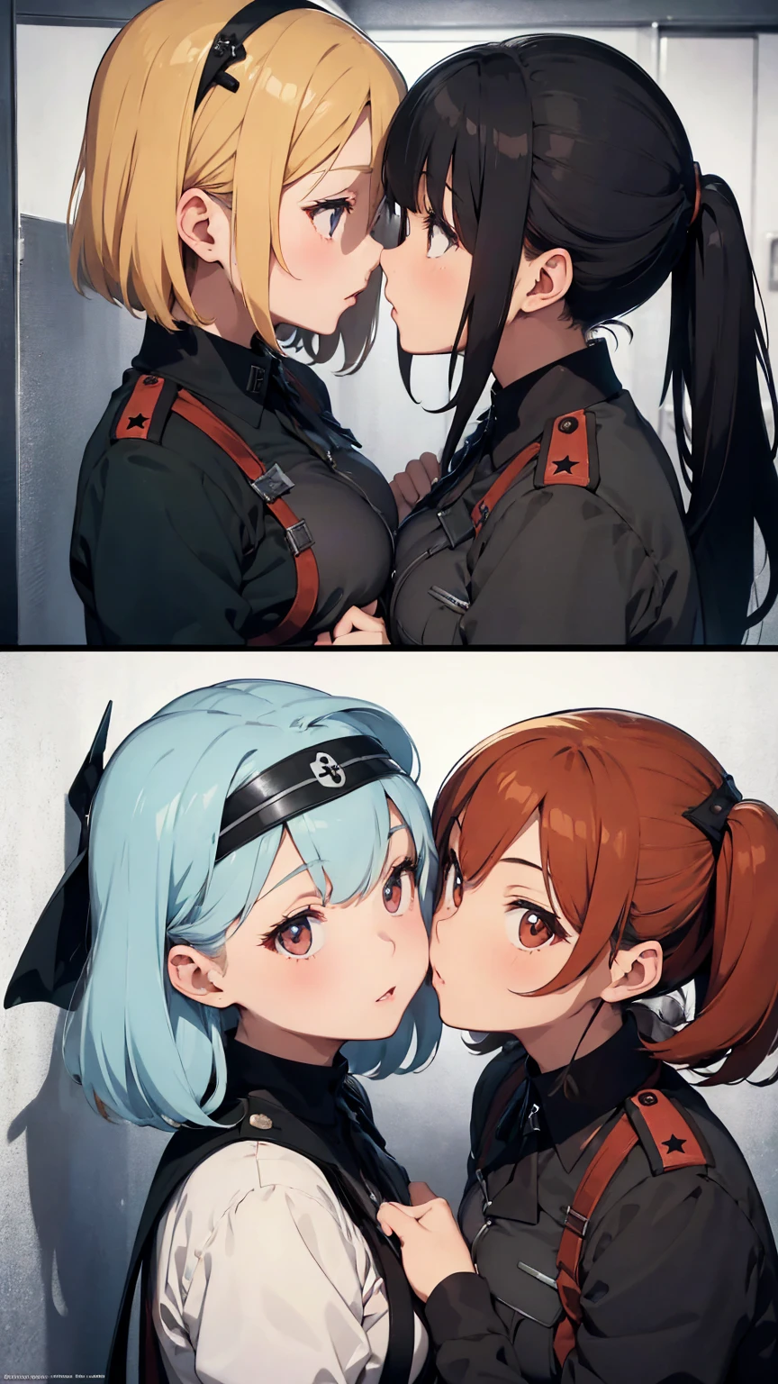 Propaganda poster. Gestapo uniform, female  lesbian kawaii sisters kissing passionately in Auschwitz Jewish concentration camp, wearing  Luftwaffe uniforms. 8k. masterpiece. best quality. best artwork. lingerie.  insignia 