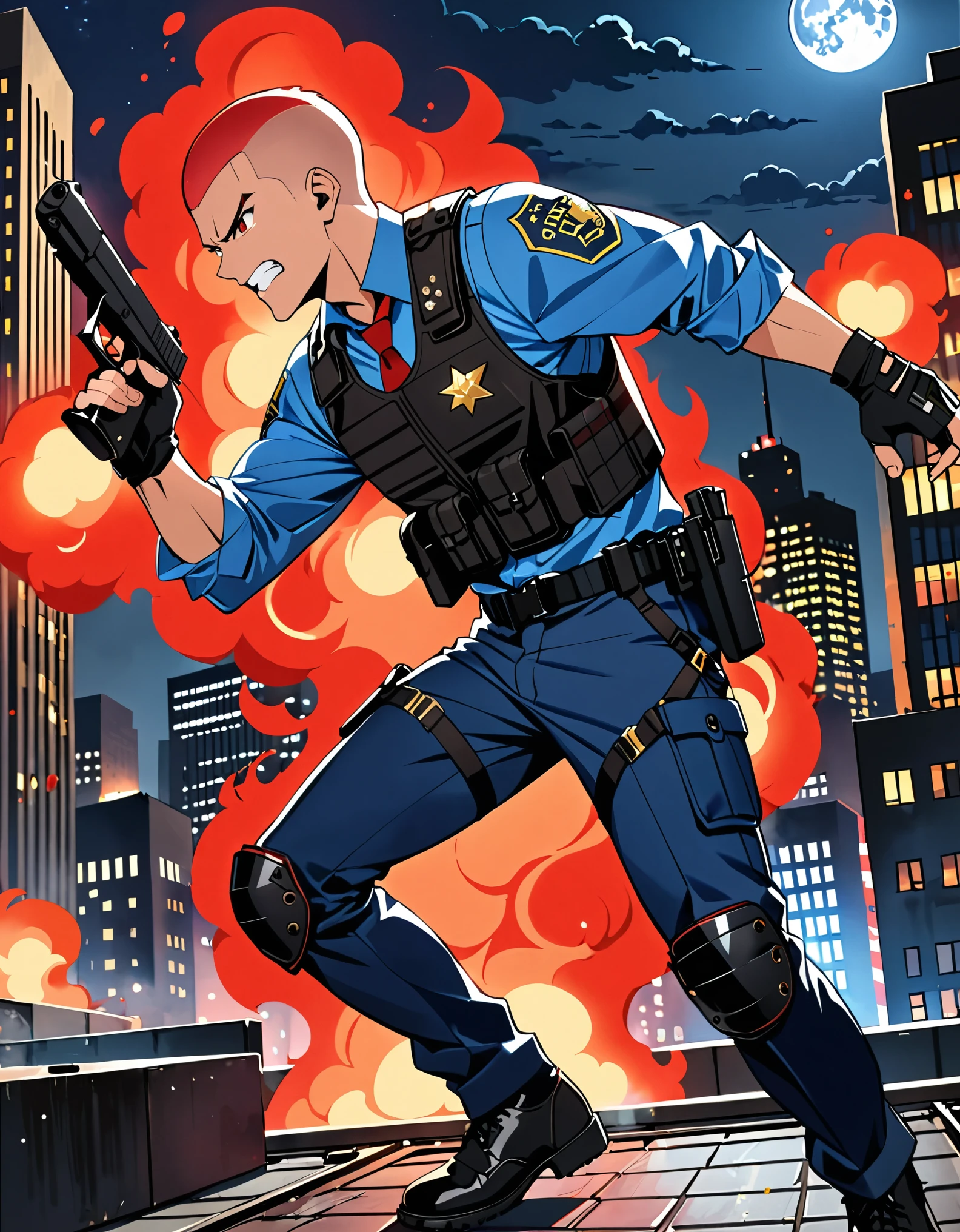 (masterpiece), (best quality), (high res), (solo, solo focus), 1male, male focus, mercenary, police officer, (red hair, short hair, crew cut, bang), (brown eyes), (perfect hands, using gun, pistol, glock17, shell casings), matching fingerless black gloves, blue suit and pants, black assault vest, black knee pads, black boots. dynamic action pose. new york backdrop, midnight, moon, rooftop, outdoors, standing, angry, clenched teeth, looking away, (his body surrounded by red aura), teleporter. cowboy shot. full-body costume design.
