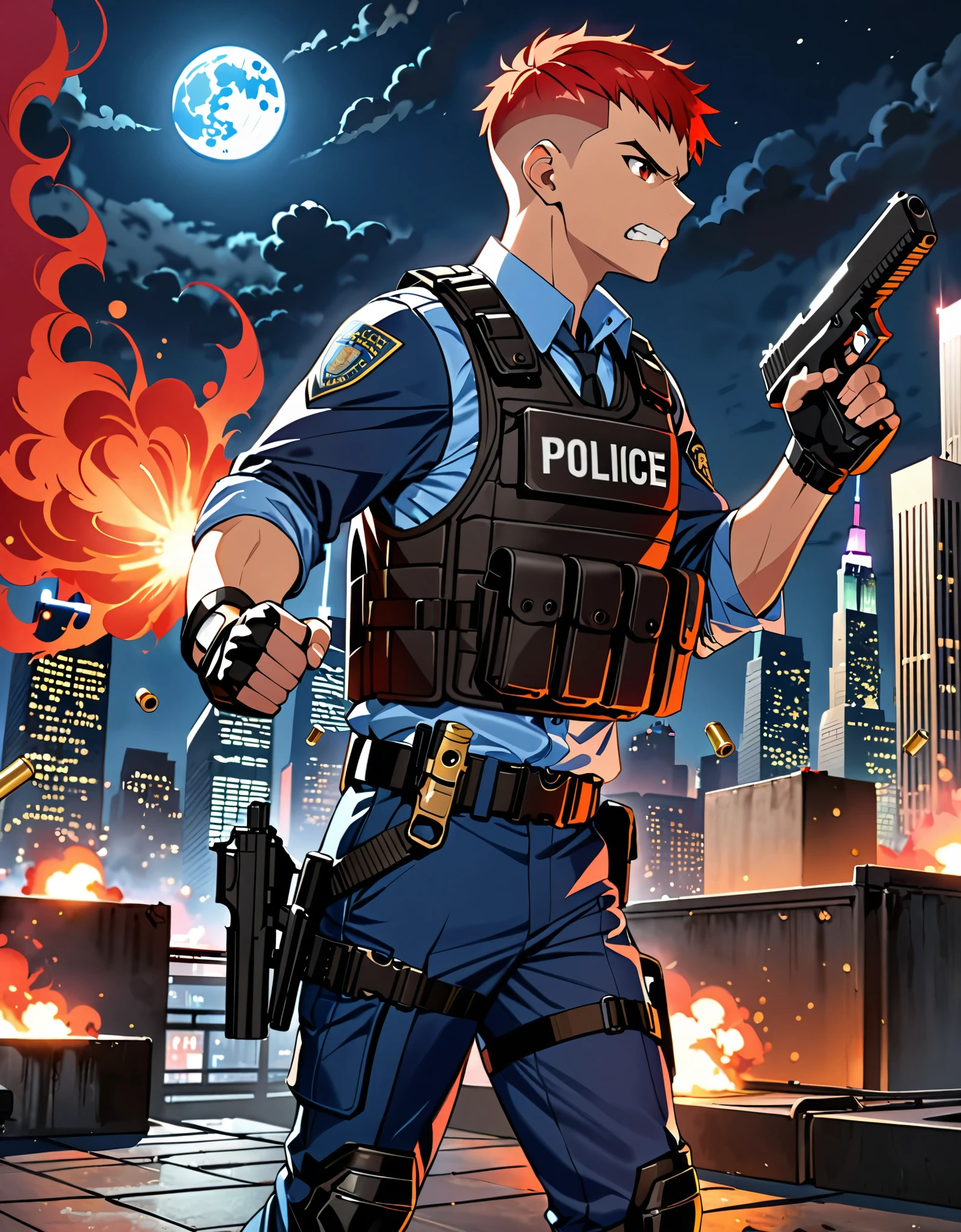 (masterpiece), (best quality), (high res), (solo, solo focus), 1male, male focus, mercenary, police officer, (red hair, short hair, crew cut, bang), (brown eyes), (perfect hands, using gun, pistol, glock17, shell casings), matching fingerless black gloves, blue suit and pants, black assault vest, black knee pads, black boots. dynamic action pose. new york backdrop, midnight, moon, rooftop, outdoors, standing, angry, clenched teeth, looking away, (his body surrounded by red aura), teleporter. cowboy shot. full-body costume design.