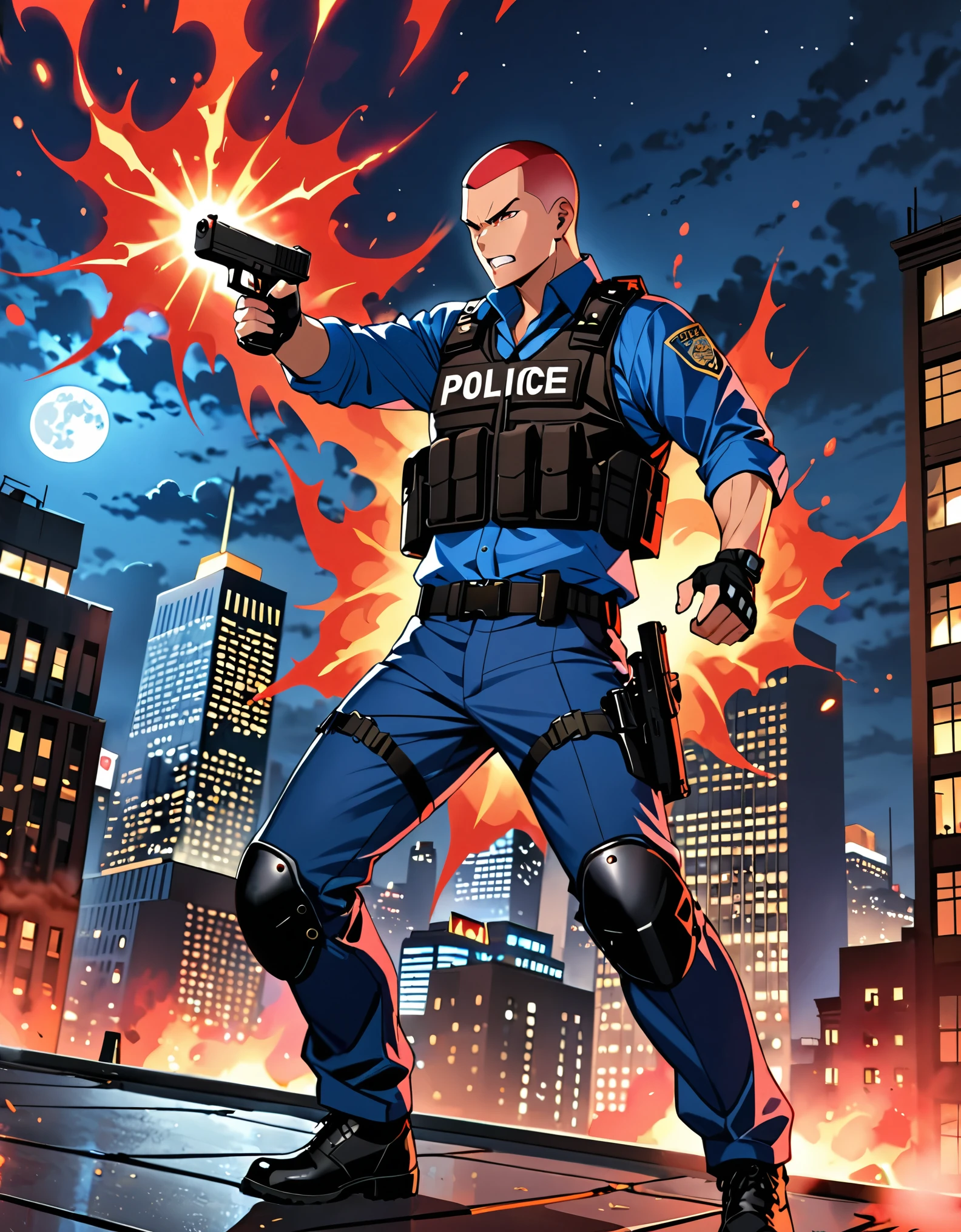 (masterpiece), (best quality), (high res), (solo, solo focus), 1male, male focus, mercenary, police officer, (red hair, short hair, crew cut, bang), (brown eyes), (perfect hands, using gun, pistol, glock17, shell casings), matching fingerless black gloves, blue suit and pants, black assault vest, black knee pads, black boots. dynamic action pose. new york backdrop, midnight, moon, rooftop, outdoors, standing, angry, clenched teeth, looking away, (his body surrounded by red aura), teleporter. cowboy shot. full-body costume design.