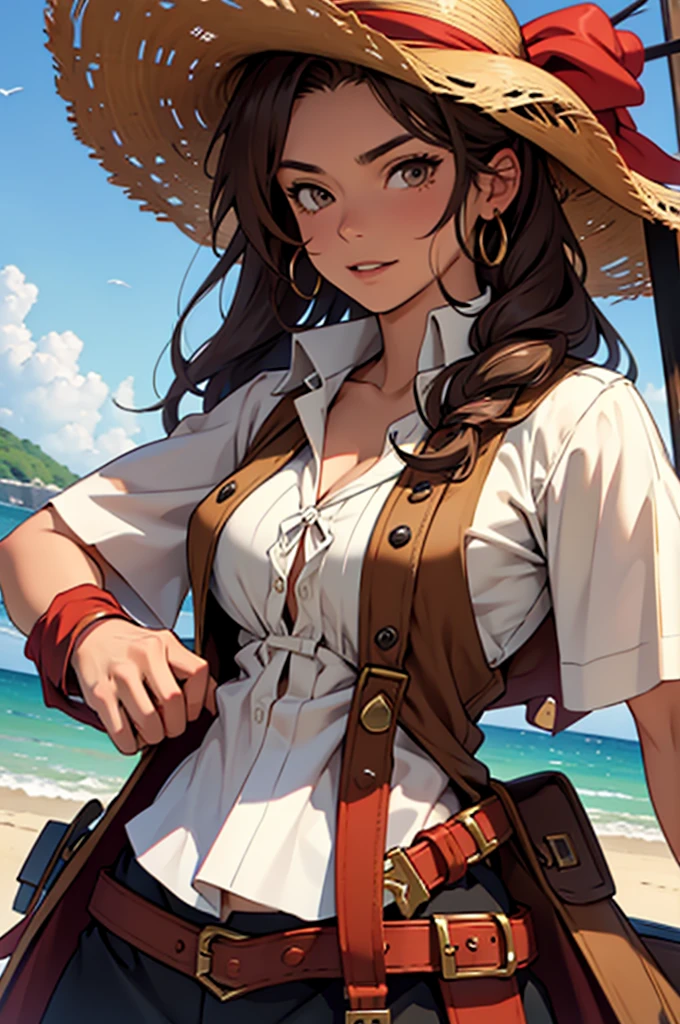 1 female, medium length brown hair, hazel eyes, wearing straw hat with red band with pirate outfit