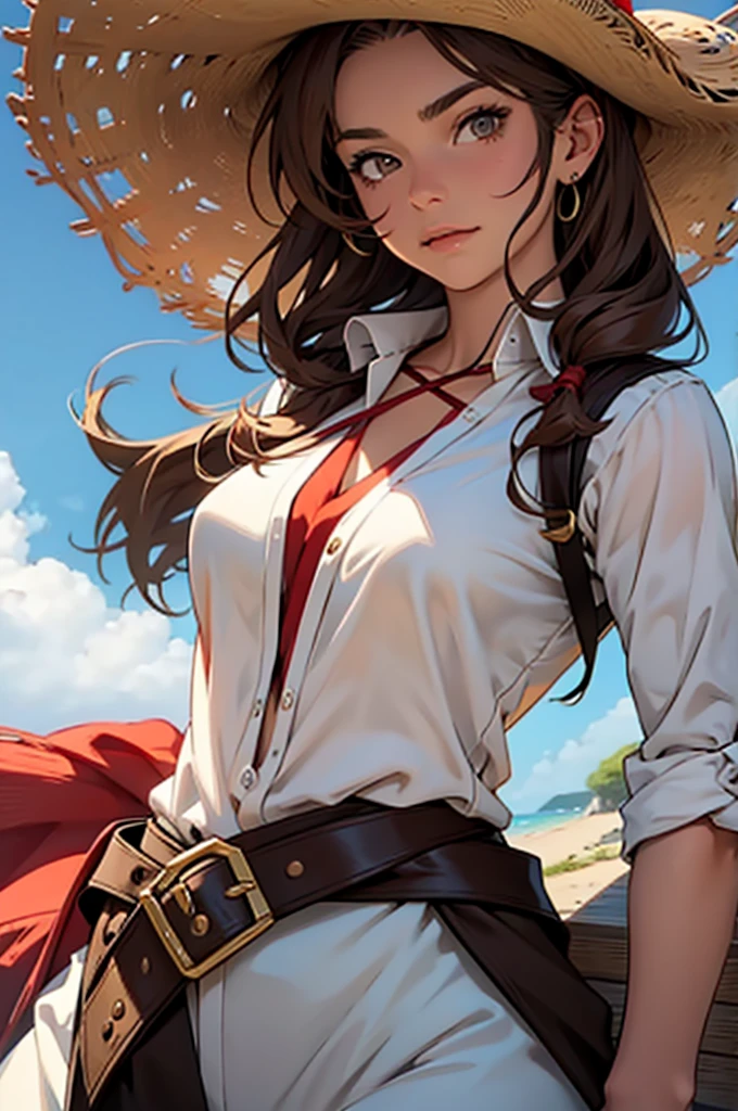 1 female, medium length brown hair, hazel eyes, wearing straw hat with red band with pirate outfit