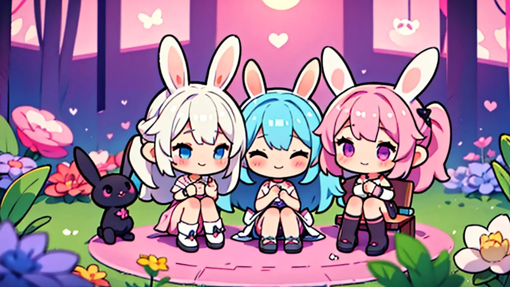 Bunny ears、Chibi Girl Dark Elf、Waiting or sitting down to rest、Pink pop room、 smile