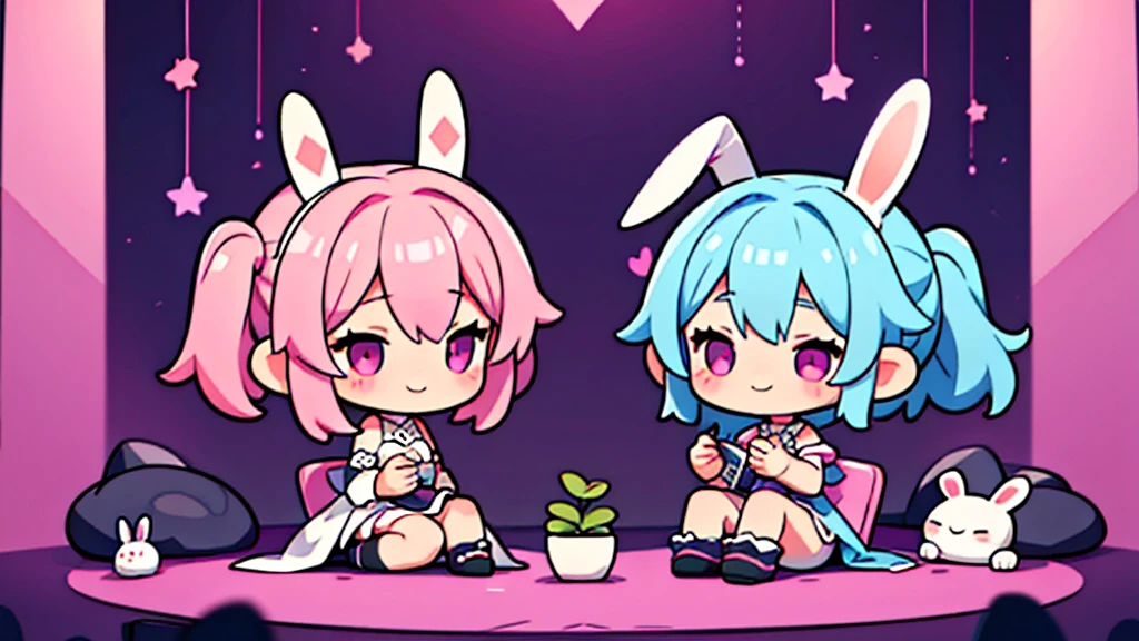 Bunny ears、Chibi Girl Dark Elf、Waiting or sitting down to rest、Pink pop room、 smile