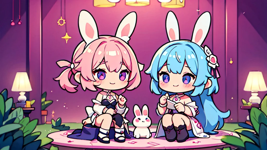 Bunny ears、Chibi Girl Dark Elf、Waiting or sitting down to rest、Pink pop room、 smile