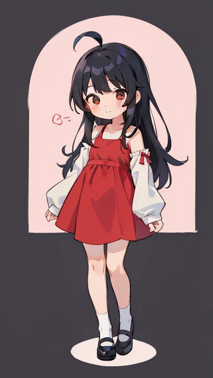 girl　Primary school students　Young Girl　小さいgirl　Height: 130cm　Standing picture Simple design　The dress is a one-piece　camisole　Sleeveless　No sleeve　Long hair　Long Black Hair　Hair is black　Red eyes　Shoulder-baring ahoge
