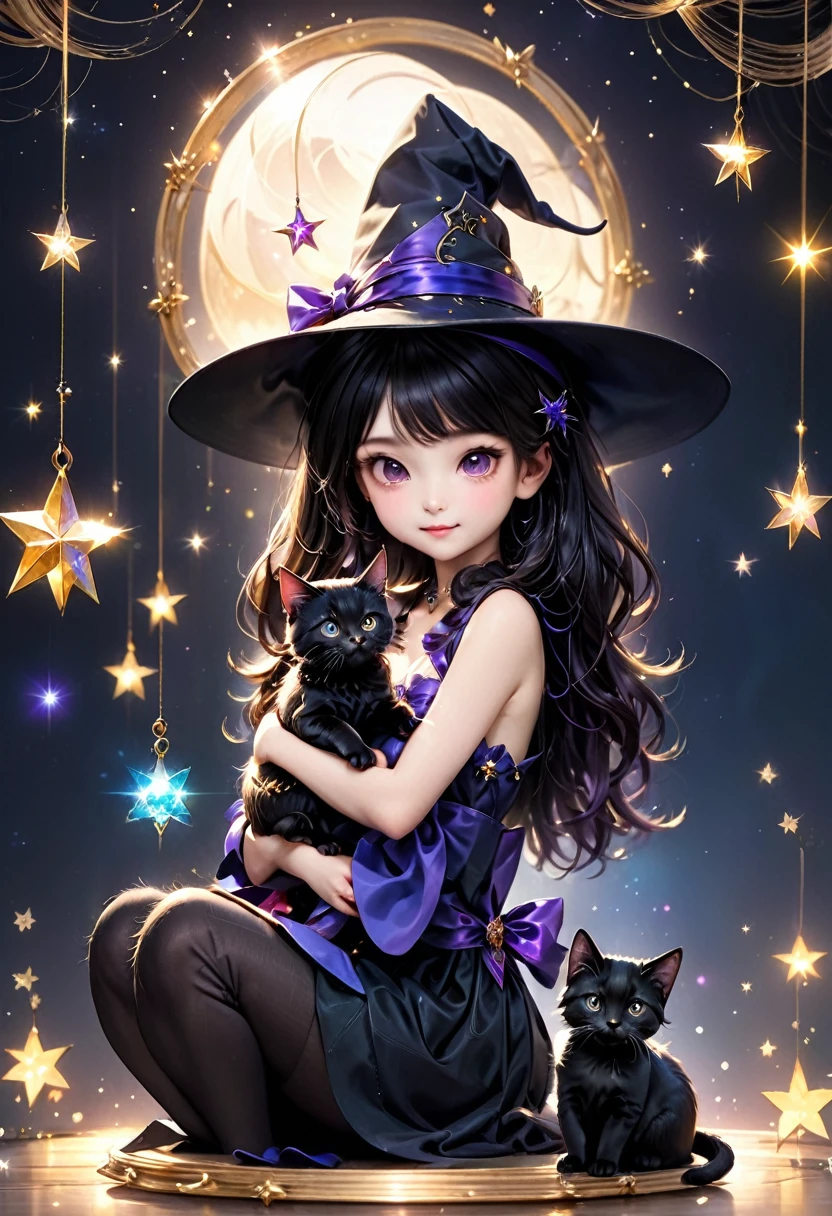 witch, Sitting elegantly and playing with a black kitten,Magic Background 、The background is a glittering star