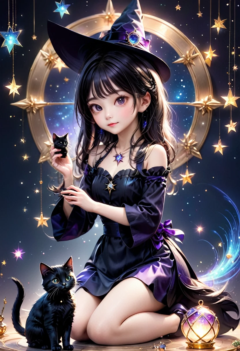witch, Sitting elegantly and playing with a black kitten,Magic Background 、The background is a glittering star