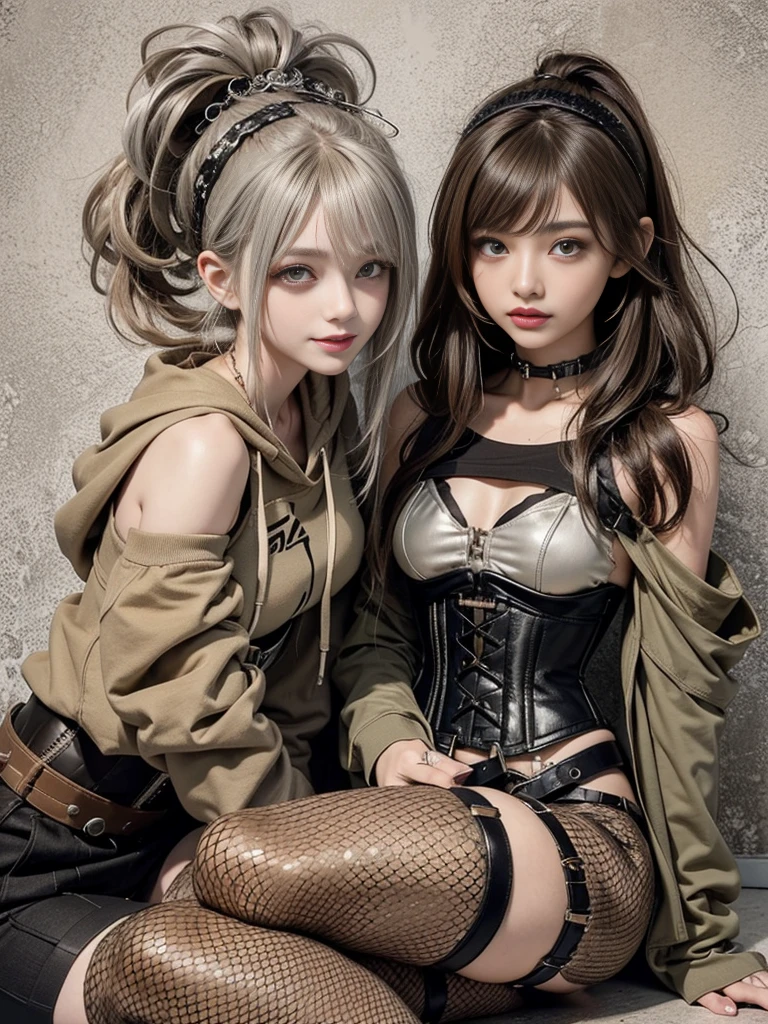 (Smiling with teeth showing:1.3),(Shibuya Gal:1.5)、(Beautiful:1.5)、(Neo-goth fashion:1.5)、(Punk RockVisual Kei:1.5)、(An off-the-shoulder hoodie in khaki and brown with delicate silver accessories.:1.5)、(A corset with a delicate beige and brown design:1.4)、(Dark grey, khaki and brown snakeskin bodysuit:1.5)、(Snake print headband:1.3)、(Beige and charcoal knee socks:1.4)、Embellished collar and long boots、(I'm selling snake print underwear.:1.4)、(Long eyelashes:1.3)、(Age 25)、((Highest quality、8k、masterpiece:1.3))、1 Female、Slim and beautiful abs:1.3、(hairstyle casual、Beautiful boobs:1.1)、(Doing an aerobics pose:1.3)、dress:1.1、Super small face、Narrow eyes、double eyelid、A sloppy smile、Esbian all over body、Dynamic Angle、Close-up、CPL Filter、Blurred Background、Bokeh、Blue Hour、Detailed face and skin texture、Detailed eyes、,(Twin tails:1.3)、(Brown-golden hair:1.3)、Gravure idol、(The background is a glamorous dance hall:1.3)、(Make your legs thinner:1.4)、(Slim Body:1.3)、(clavicle:1.1)