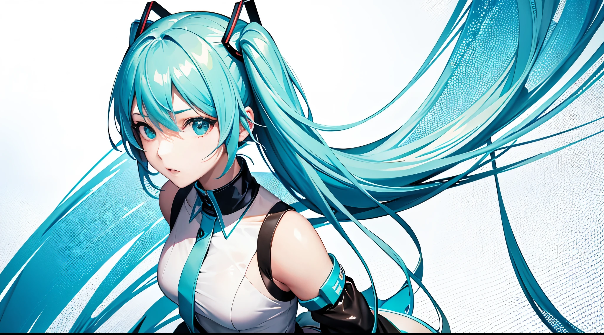 miku hatsune、absurderes, Hi-Res, The ultra-detailed, 1girl in, solo,, Ultra-precise depiction,, (dynamicposes), (Abstract background:1.5), , short platinum blonde, (Glossy skin), multi colored, The upper part of the body, (From above),Music、Light blue paper、stay character、livestream,