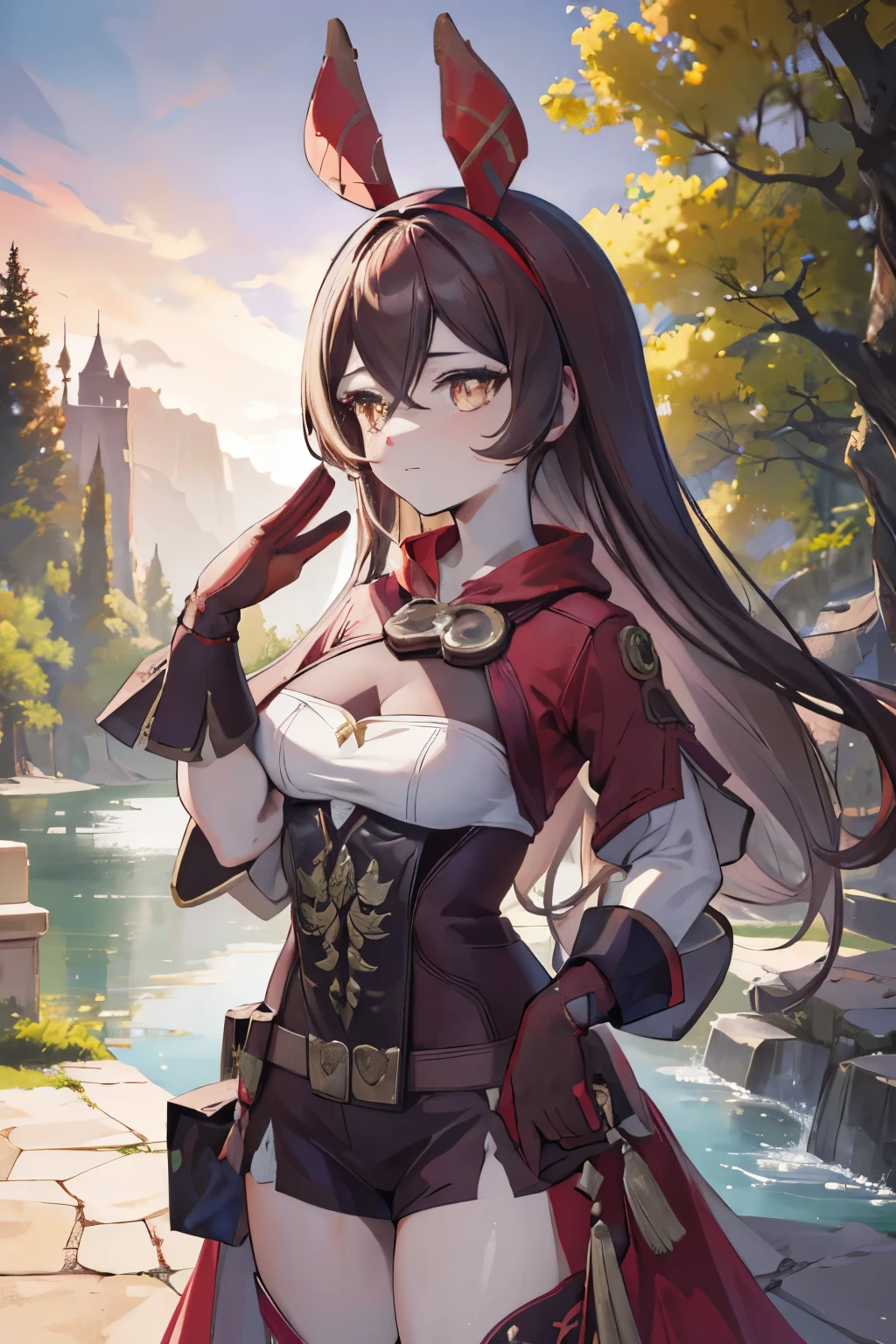 a beautiful red melusine with dark chocolate hair and amber eyes, detailed facial features, delicate skin, wearing an ornate adventurer-themed dress, surrounded by trees and a lake, dramatic lighting, cinematic composition, highly detailed, vibrant colors, fantasy art style