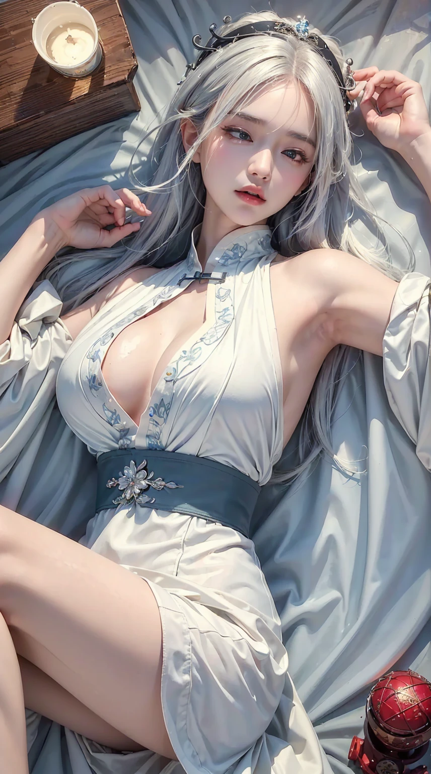 ((best quality)),((Excellent quality, 8K, masterpiece: 1.5)), Clarity: 1.4, Perfect body beauty: 1.4,  Sexy Hanfu，I can see your lesbian，White hair，Moist skin, Sleeping in bed，Backward Pose，film texture，Facing the camera