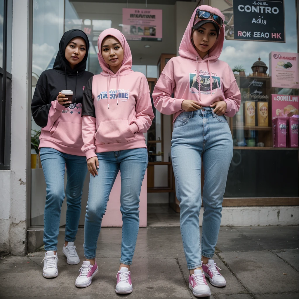 (photorealism:1.2), (masterpiece)
a 2 beautiful Indonesian woman, wearing a white t-shirt, long jeans with a torn pattern on the knees but not see-through, wearing a red hijab with black sunglasses on her hijab. on her cheeks there is a red and white flag, her lips are pink, with natural make up. standing leaning on a decorated yellow truck that will follow the carnival around, the truck carries a high carnival sound. the sound has the words "BREWOG AUDIO" clearly legible. during the day, full sunlight, clowdy sky, relaxe pose, relaxe photo, photo shoot, focus, realistic moment, realistic, 5D 8K