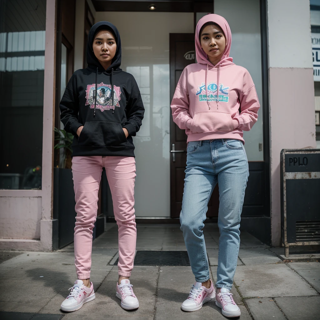 Seorang wanita asal indonesia cantik berusia 30 tahun, hijab,  memakai hoodie berwarna pink bertuliskan "Indah" dan celana jeans biru, memakai sneaker, menikmati kopi, outdor coffee shop, sangat detail, wajah melihat ke kamera sinematik, resolusi 8K, 3D, hyper HD, realistik, photography, tenang, fotografi, ultra HD