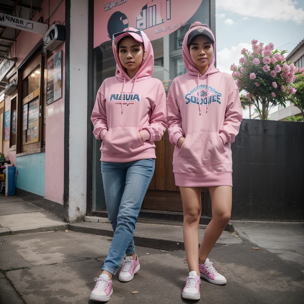 Seorang wanita asal indonesia cantik berusia 30 tahun, hijab, memakai hoodie berwarna pink bertuliskan "Indah" dan celana jeans biru, memakai sneaker, menikmati kopi, outdor coffee shop, sangat detail, wajah melihat ke kamera sinematik, resolusi 8K, 3D, hyper HD, realistik, photography, tenang, fotografi, ultra HD