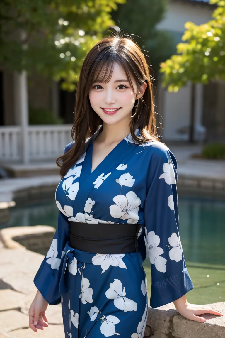 Stroll around the hot spring town, Highest quality, shape, Very detailed, In detail, High resolution, 8k wallpaper, Perfect dynamic composition, Beautiful details, Natural Lip, yukata, Big Breasts, , She is smiling in a cute pose.., A masterpiece of the whole body, Side Short
