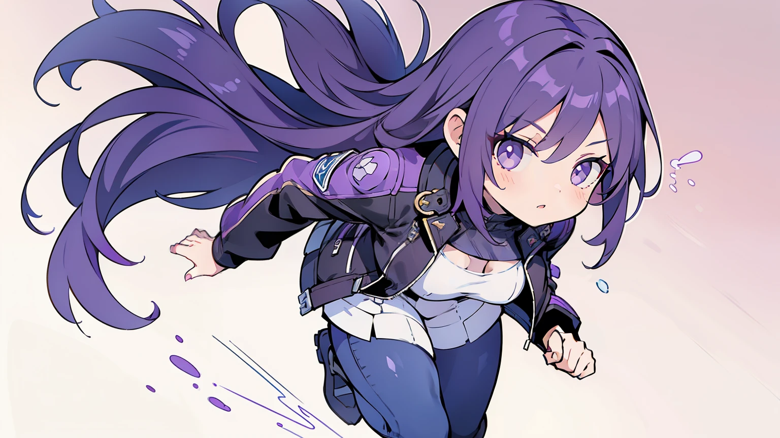 masterpiece, beautiful detailed, (Moto jacket and jeggings), 1girl, violet Eyes, violet hair, long hair, running, medium breasts, ((overhead shot)), violet theme, ((no background:1.4)), (((bold outline))), limited palette