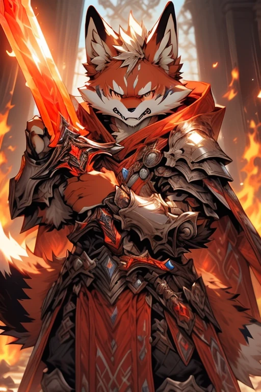 (((bright red fur fox,high resolution)))((flame sword,Hold a weapon in one hand,One-handed sword,battoujutsu stance,armor,Light armor,Cape,inflammation,whole body))(Angry expression,)Shogun、Military commander,visible fang,male,Perfect Anatomy