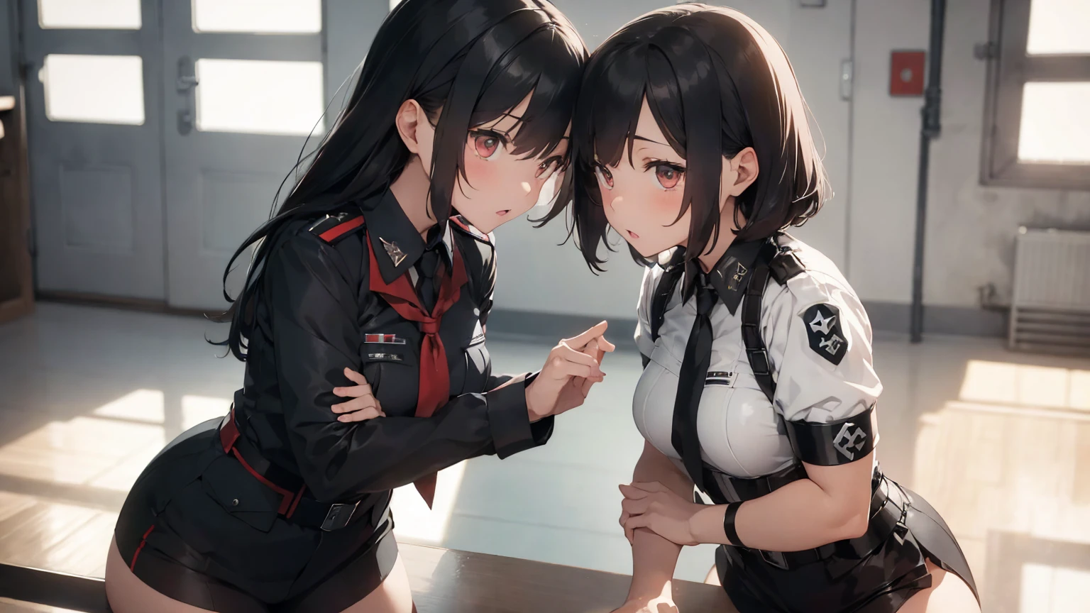 Gestapo uniform, female Nazi lesbian kawaii sisters kissing passionately in industrial military complex, wearing Luftwaffe uniforms. 8k. masterpiece. best quality. best artwork. lingerie. insignia red armband