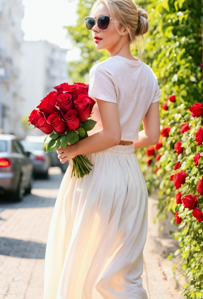 Detail depiction of a beautiful woman walking down the street with a bouquet of red roses, a happy expression, her blonde hair tied in a messy bun, (casual wear: 1.1), a white t-shirt, a long skirt in a flowing summer material, high heels and sunglasses on her head. , flowers on background, store, outdoor, sunny day, (highest quality, 4k,8k, high resolution, masterpiece:1.2), highly detailed,(realistic, photorealistic, photorealistic:1.37),HDR,UHD, studio lighting, ultra fine Painting, Sharp Focus, Physically Based Rendering, High Detail, Professional, Vivid Colors, Bokeh, Portraits