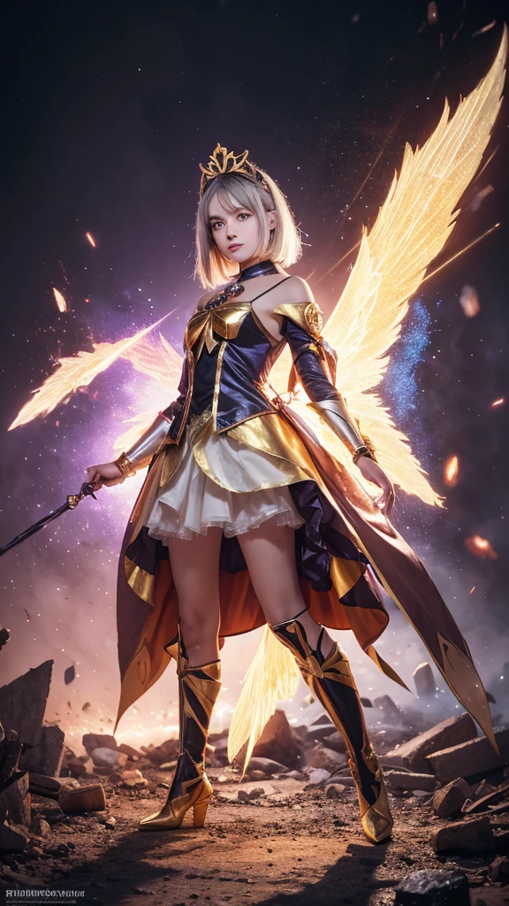 Portraiture, Long Hair, Gray Hair, Golden Eyes, One girl, head, face, Magical girl, Absurd, masterpiece, Highest quality, Magical girl costume, ((Magical girl)), short hair, Devastation, Remains, Dynamic pose, Apocalypse, Spell casting, Style-Glass, Full Body Shot