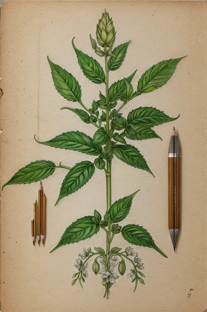 Create a Pencil sketch of Holy basil Showing all parts of it from flowers to roots 