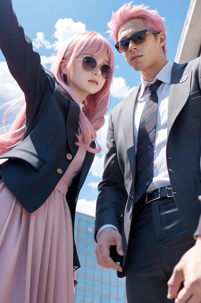 Anime style, low-angle perspective, looking up, pink-haired girl making a fist and raising her hand, gray eyes, blue sky, next to a man wearing sunglasses and a suit.