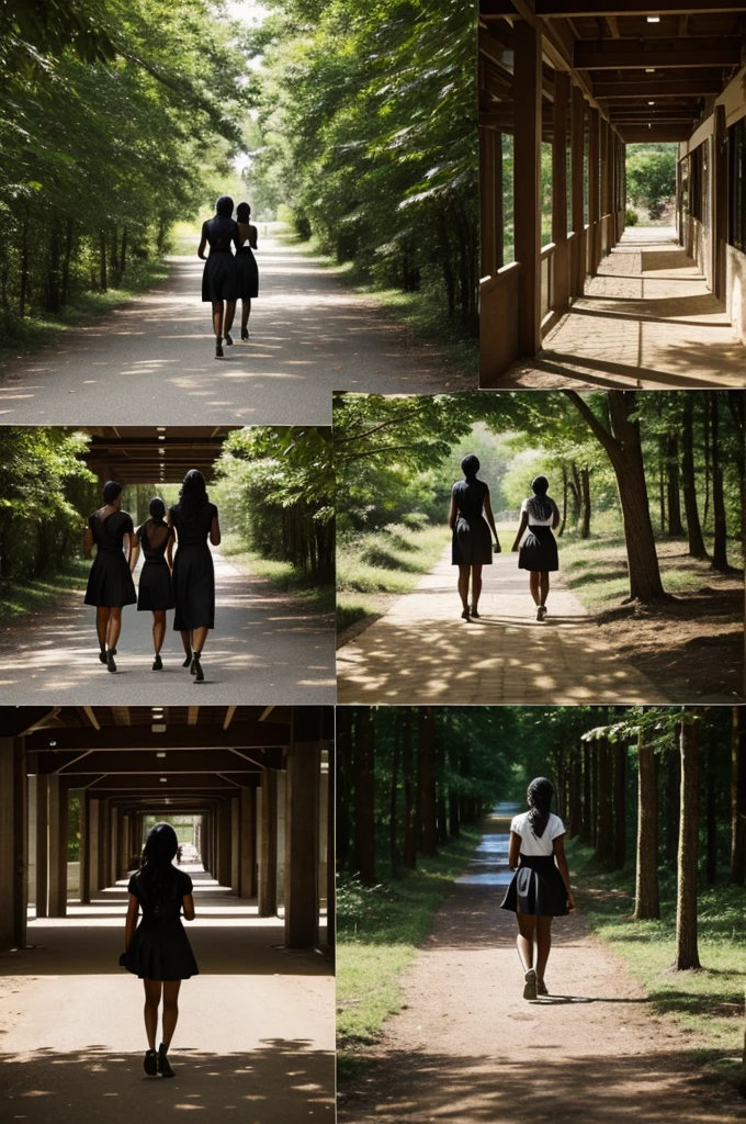An image of four beautiful black young women standing in different environment. The first one is walking down the forest path, the second is walking down the downtown street, the third is walking the school corridor and the last one is walking the restaurant serving customers.