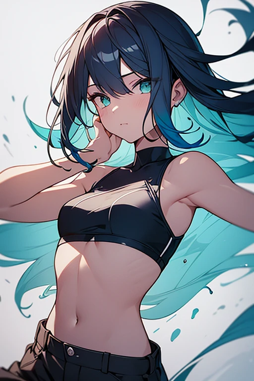 Samdoesarts style award-winning half-length portrait of a beautiful woman wearing a crop top and cargo pants with a teal navy blue ombre hairstyle with her head moving and hair flying, paint splash, splash, outrun, vaporizer, flat shaded illustration, Digital art, trend in artstation, Very detailed, good detail, Intricate