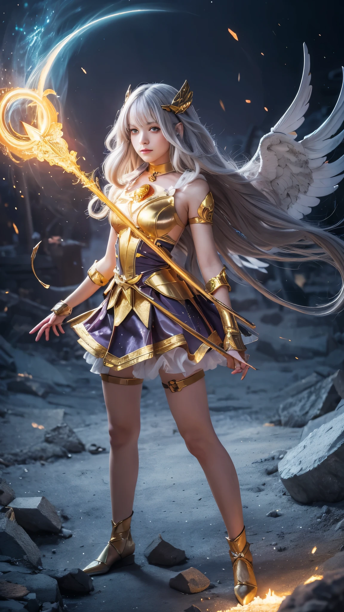 Portraiture, Long Hair, Gray Hair, Golden Eyes, One girl, head, face, Magical girl, Absurd, masterpiece, Highest quality, Magical girl costume, ((Magical girl)), short hair, Devastation, Remains, Dynamic pose, Apocalypse, Spell casting, Style-Glass, Full Body Shot
