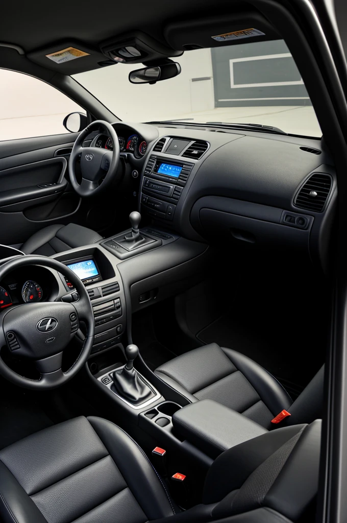 A gray 2001 Hyundai Accent, with exterior modifications such as sports wheels and a spoiler. The interior has black leather seats, a modified dashboard with a touch screen and an improved sound system."