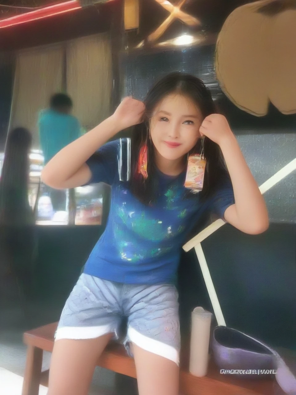 ​masterpiece、8K、32K、top-quality、(A detailed eye)、(A cute Japanese woman、bangss)、23years old、1 girl in、elegent、(Detailed background depiction、portlate:1.2)、(blushed face、ssmile:1.4)、Be undress、beer garden、(night sky full of stars:1.3)、sitting on、(food and drinks on the table:1.4)、cowboy  shot、(get drunk:1.7)、