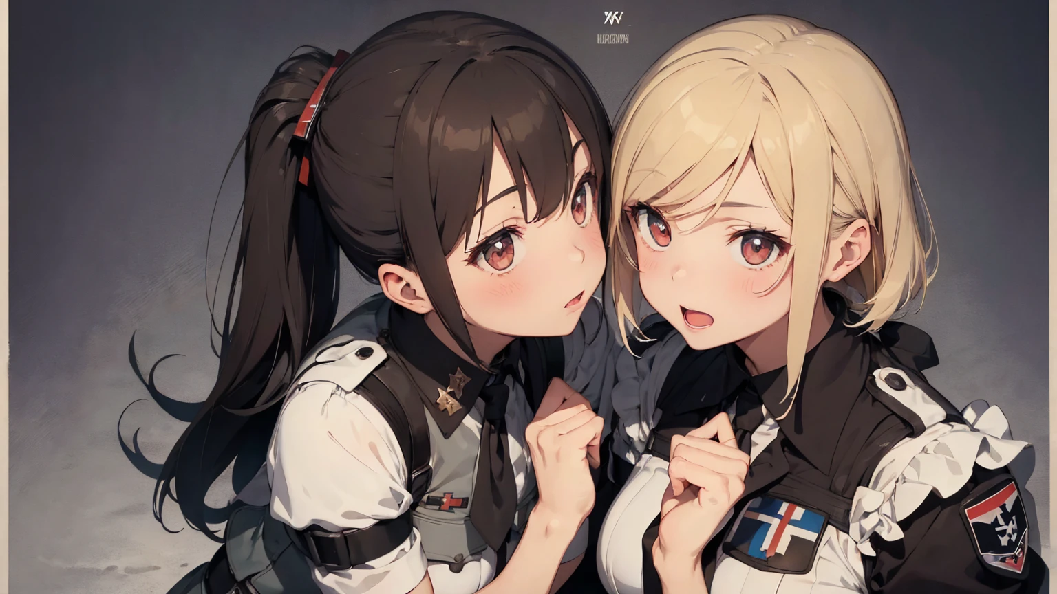 Propaganda poster. Gestapo uniform, female lesbian kawaii sisters kissing passionately in Auschwitz Jewish concentration camp, wearing Luftwaffe uniforms. 8k. masterpiece. best quality. best artwork. lingerie. insignia