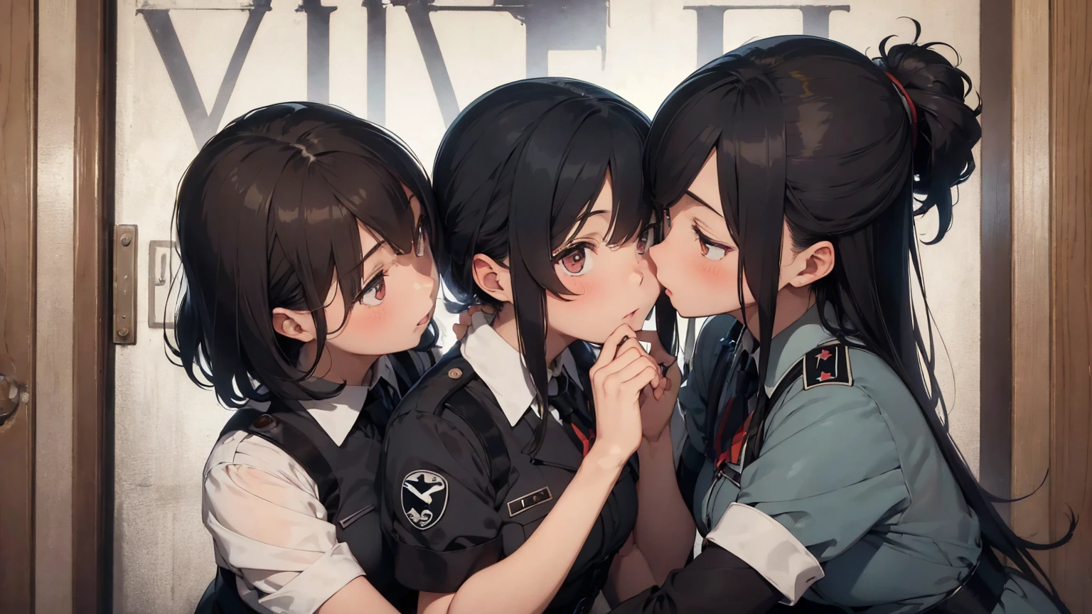 Propaganda poster. Gestapo uniform, female  lesbian kawaii sisters kissing passionately in Auschwitz Jewish concentration camp, wearing  Luftwaffe uniforms. 8k. masterpiece. best quality. best artwork. lingerie.  insignia 