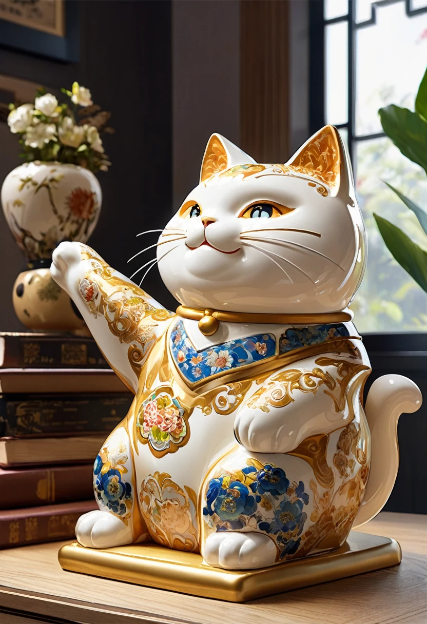 Highest quality, Highest quality, 16K, Unbelievably absurd, Very detailed, delicate and dynamic, Natural light, A giant ceramic beckoning cat figurine