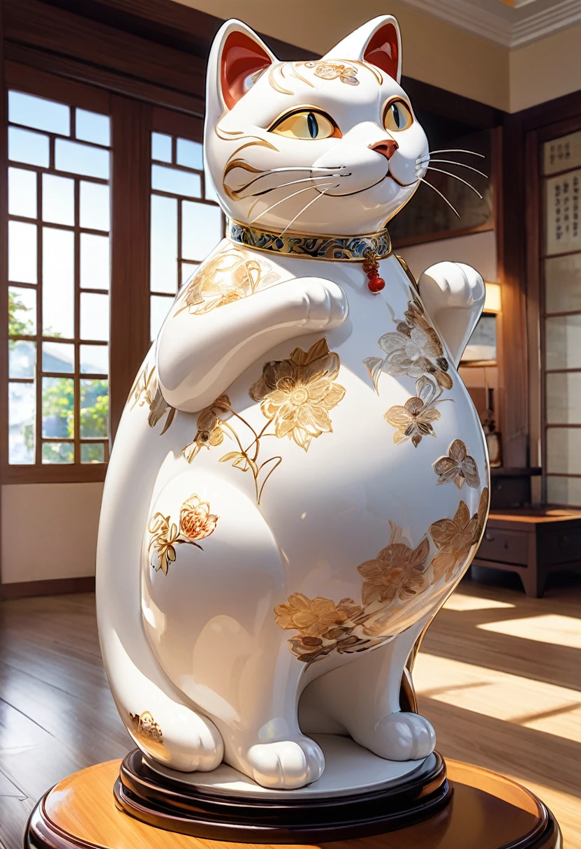 Highest quality, Highest quality, 16K, Unbelievably absurd, Very detailed, delicate and dynamic, Natural light, A giant ceramic beckoning cat figurine