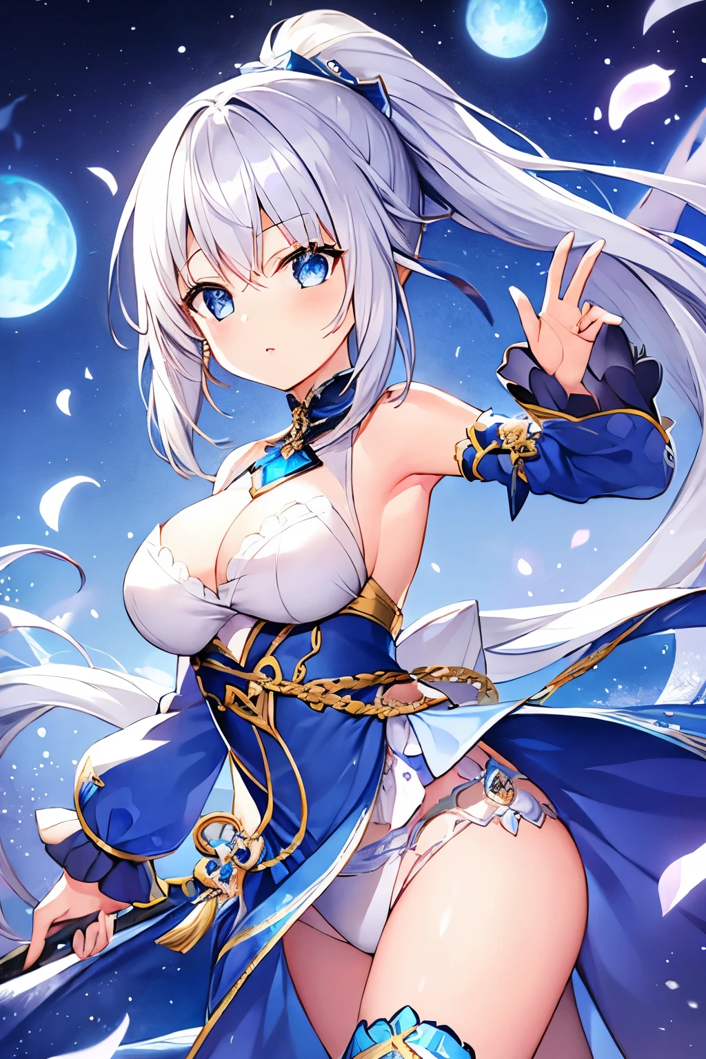 1 girl、Silver Hair、ponytail、Fantasy Clothing、Blue Dancer's Outfit、((Purple decoration))、accessories、(Expose、Bigger breasts)、No underwear、Fan、Dirty、Shameless