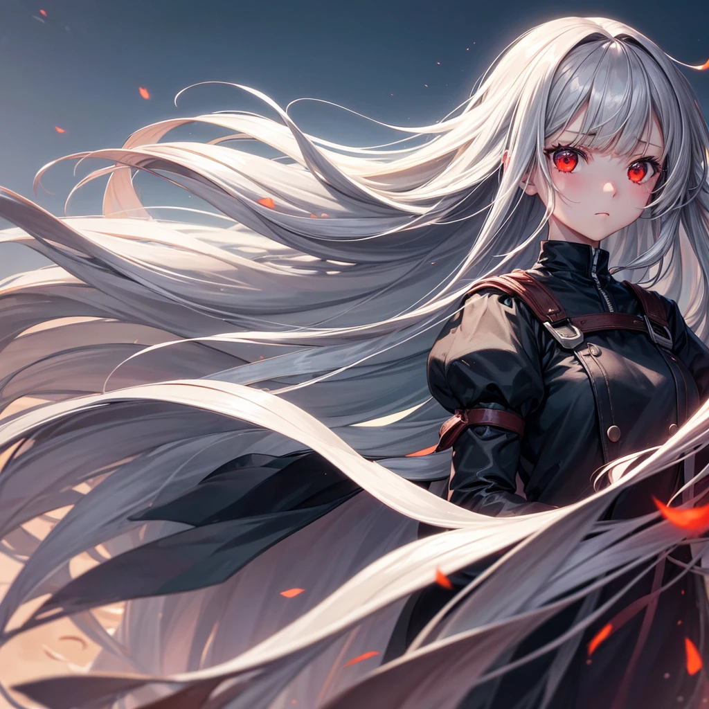 One girl, Long Hair, High resolution, Gaze, Food, Gray Hair, Simple Background, far and near method, Illustration, Hair blowing in the wind, Deco bangs, Red eyes, Sad,