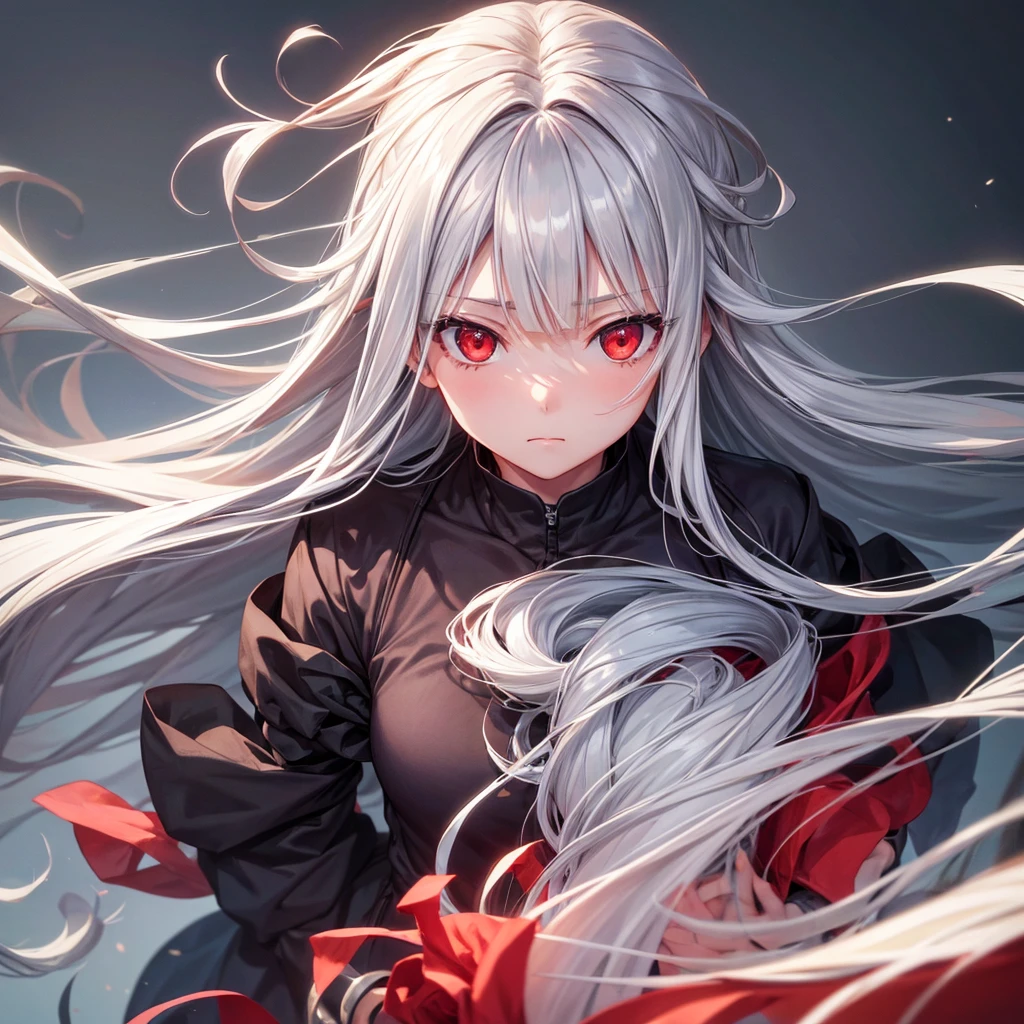 One girl, Long Hair, High resolution, Gaze, Food, Gray Hair, Simple Background, far and near method, Illustration, Hair blowing in the wind, Deco bangs, Red eyes, Sad, 