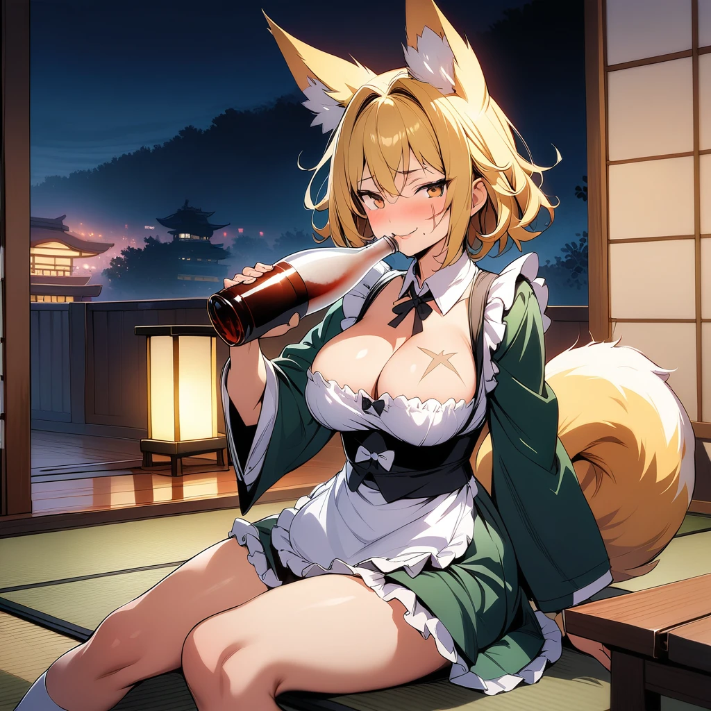 (masterpiece,best quality,very aesthetic),super-fine illustration,high saturation,BREAK,solo,1girl,30 years old,curvy,large breasts,tall,stout build,bewitching,(fox tail),blonde fox ears,short hair,blonde hair,beautiful face,(brown eyes),(half closed eyes:0.5),(messy hair),disheveled hair,hair intakes,(dark green maid clothes,frilled skirt,maid apron:1.2),(smirk,smug:0.8),sitting,leaning against low table,drunk,comfortable,drinking,japanese sake bottle,sake cup,tabi,japanese shrine,indoors,tatami,shoji,night,evening,Illuminated by indirect light placed on the floor,low table,(scar on cheek,scar on breasts:1.2),cowboy shot,sideways glance