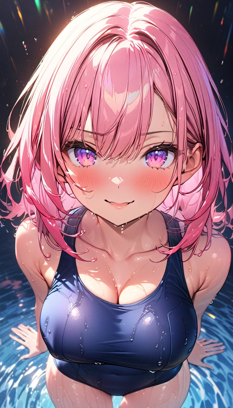 (Best quality, 8k, 32k, Masterpiece, UHD,:1.2),RAW, 1girl,ultra cute , natural lighting,transparent shining eyes, 20yo ,fair complexion ,flushed face,dynamic Lighting, ((school swimsuit)), large breast, wet, shiny, From above