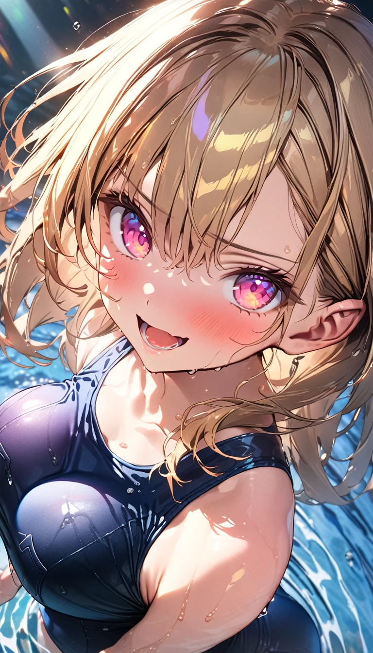 (Best quality, 8k, 32k, Masterpiece, UHD,:1.2),RAW, 1girl,ultra cute , natural lighting,transparent shining eyes, 20yo ,fair complexion ,flushed face,dynamic Lighting, ((school swimsuit)), large breast, wet, shiny, From above
