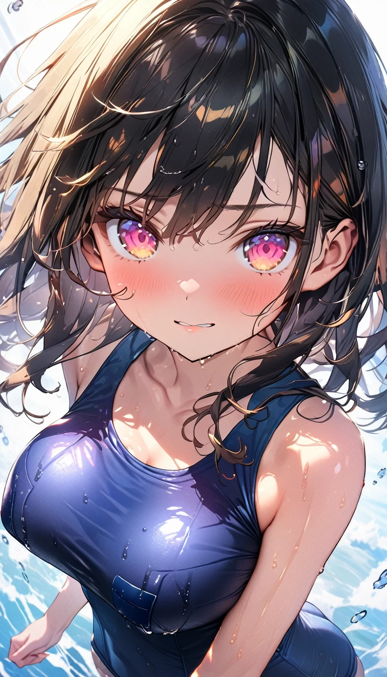 (Best quality, 8k, 32k, Masterpiece, UHD,:1.2),RAW, 1girl,ultra cute , natural lighting,transparent shining eyes, 20yo ,fair complexion ,flushed face,dynamic Lighting, ((school swimsuit)), large breast, wet, shiny, From above